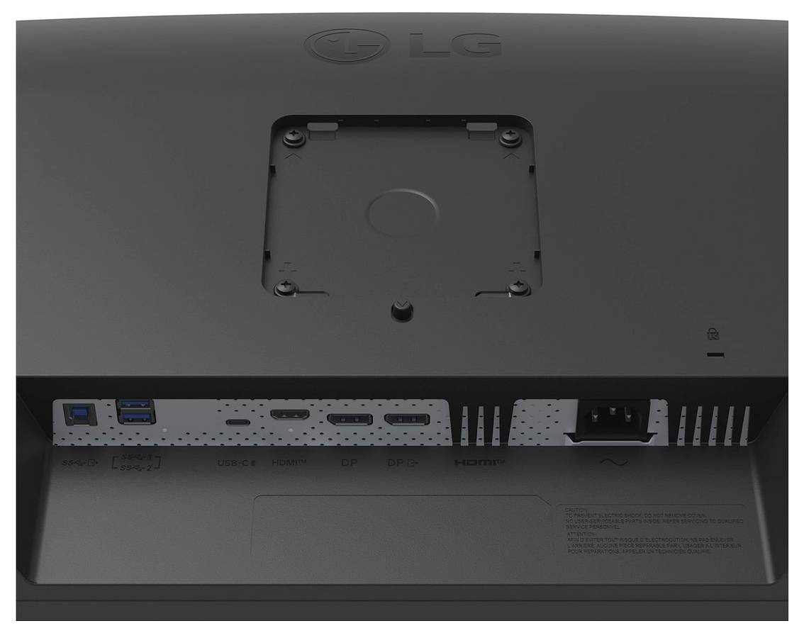 Rückansicht eines LG-Monitors mit verschiedenen Anschlüssen: zwei USB-Ports, zwei HDMI-Anschlüsse, einen DisplayPort und einen Stromanschluss.