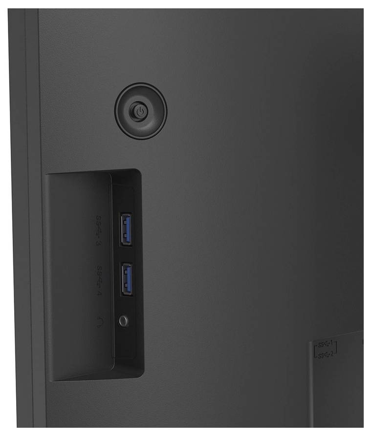 Seitenansicht eines Monitors mit zwei USB-Anschlüssen und einem Sicherheitsschloss-Steckplatz auf dem Rückpanel.