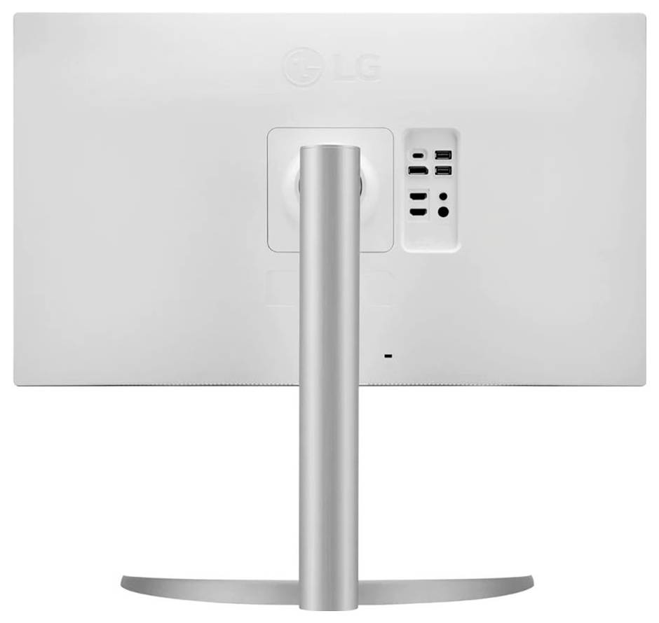 Das Bild zeigt die Rückseite eines dünnen, silbernen LG-Computermonitors auf einem eleganten Ständer, der mehrere Anschlüsse und ein minimalistisches Design aufweist.