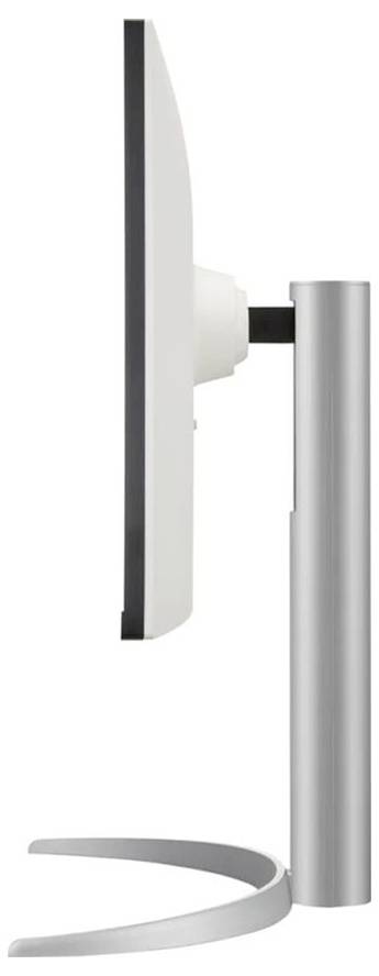 Seitenansicht eines schlanken, modernen Computermonitors auf einem edlen Metallständer, der seinen dünnen Profil und zeitgenössischen Designcharakter präsentiert.