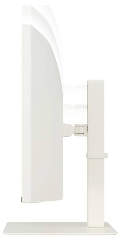 Ein weißer Computer-Monitor von der Seite gesehen, der seine schlanke Silhouette und verstellbare Halterung zeigt.