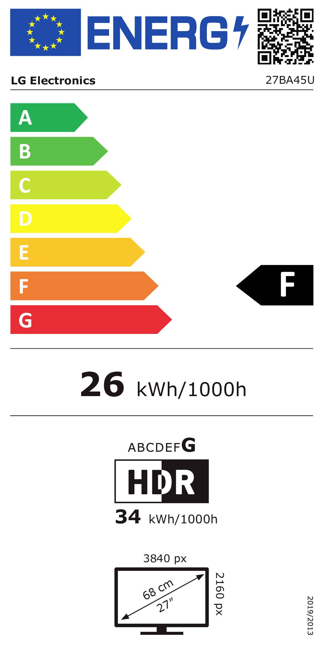 Energetisches Etikett für den LG Electronics 27BA45U Monitor. Energieeffizienz bewertet mit F. Verbrauch 26 kWh/1000h. HDR-Display verbraucht 34 kWh/1000h. Größe: 68 cm (27
