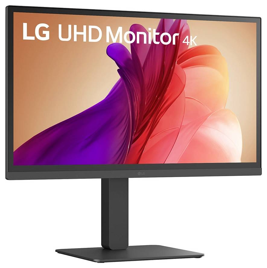LG UHD Monitor 4K, der abstrakte rote und lila digitale Kunstwerke auf einem schlanken, modernen schwarzen Ständer und Rahmen zeigt.
