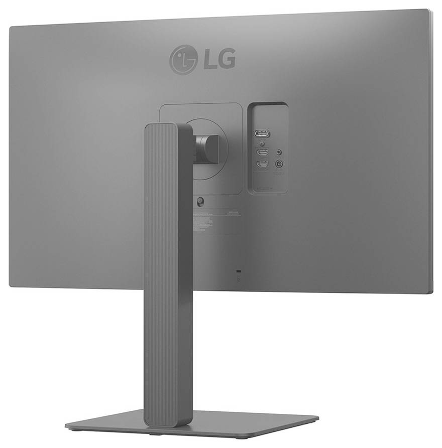 Ein grauer LG-Computermonitor, von hinten betrachtet, mit Anschlüssen und Standfuß.