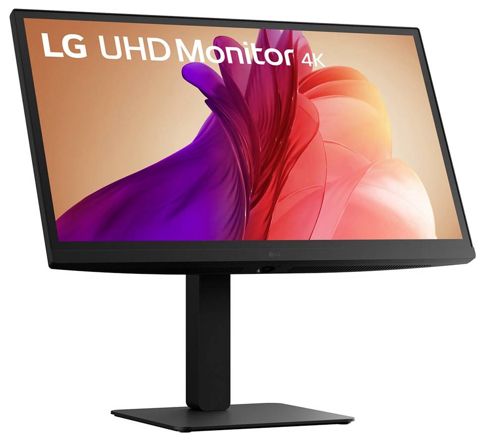 LG UHD-Monitor 4K mit einem lebhaften, abstrakten Hintergrund in Lila und Rot auf dem Bildschirm, der auf einem geneigten Ständer präsentiert wird.