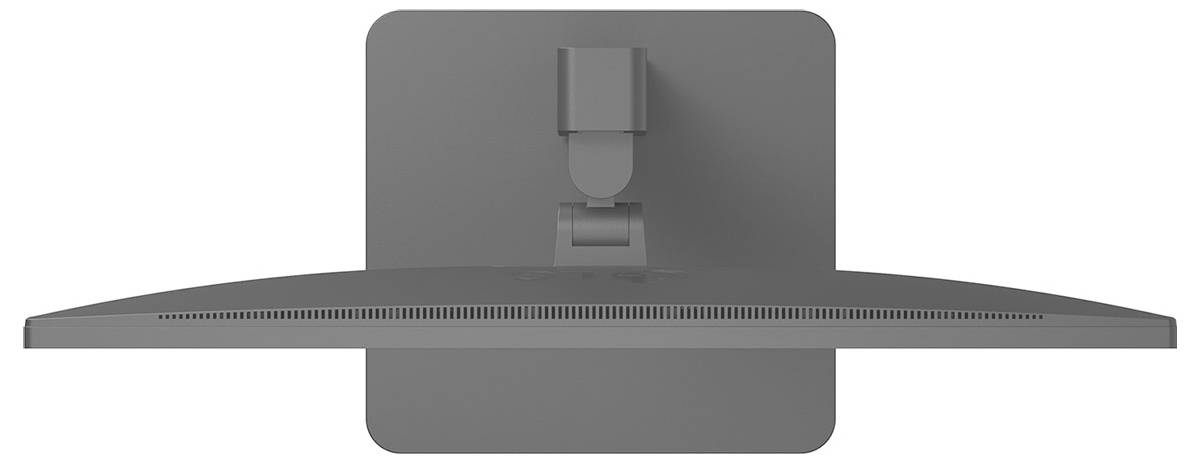 Draufsicht eines Flachbildschirms mit gekrümmtem Design auf einem quadratischen Sockel.