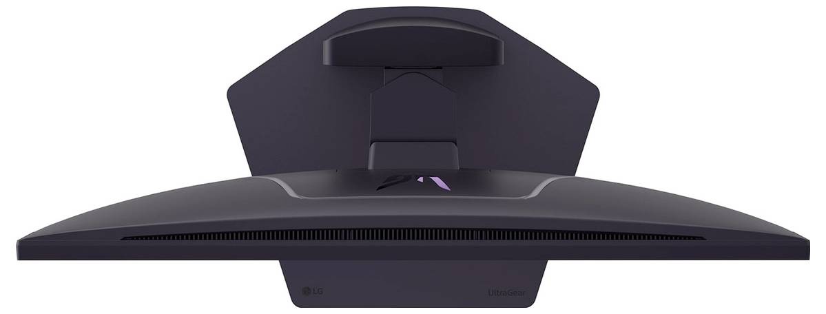 Ein gekrümmter Monitor, von hinten betrachtet, mit einem schlanken, modernen Design und einem Licht in der Mitte.