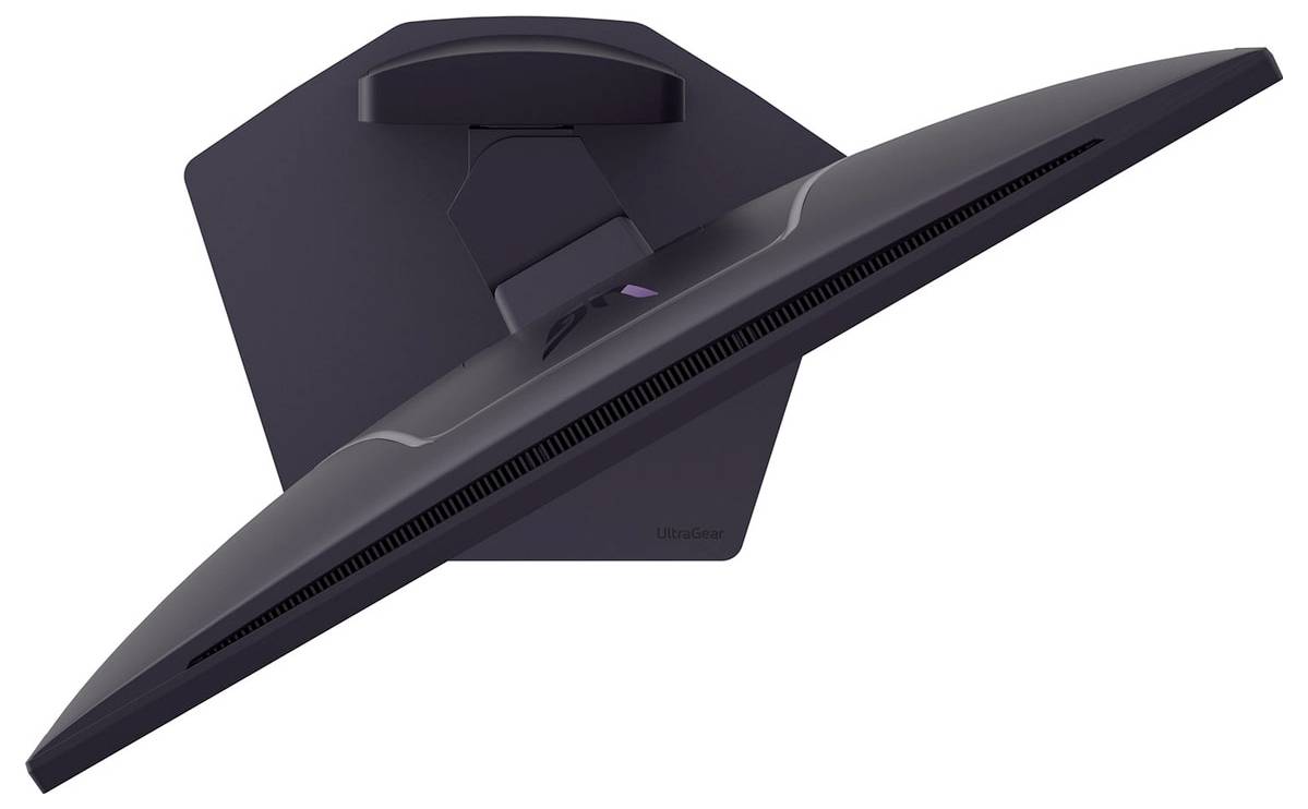 Ein gekrümmter Computermonitor, von oben betrachtet, der sein elegantes Design und sein schlankes Profil mit einem symmetrischen, sanft geschwungenen Rahmen präsentiert.