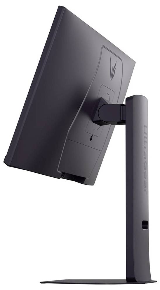 Seitenansicht eines schwarzen Computermonitors auf einem Ständer. Das Markenlabel ist auf der Rückseite sichtbar, und der Ständer ist mit 'UltraGear' beschriftet.