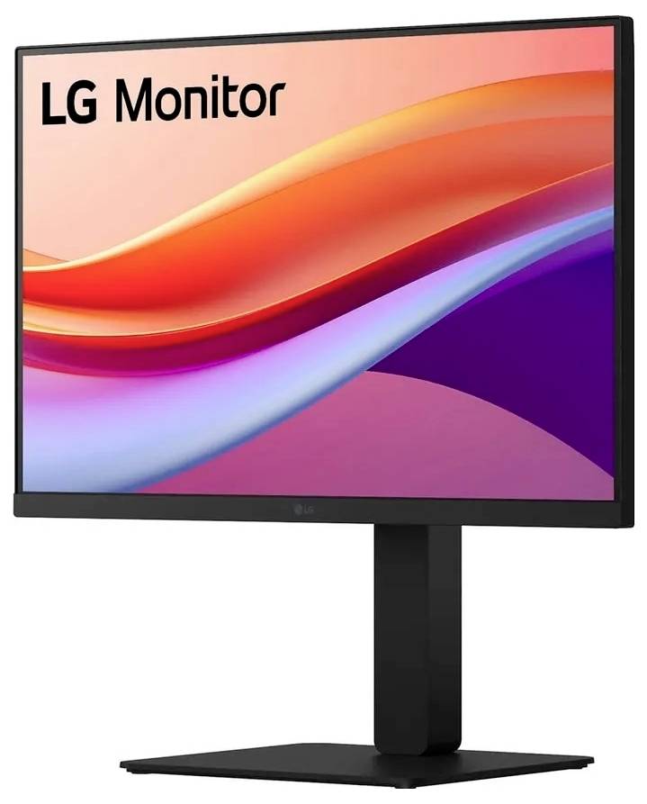 Ein Monitor, der ein abstraktes Gradientendesign in Pink-, Orange- und Violetttönen zeigt, mit dem Text 