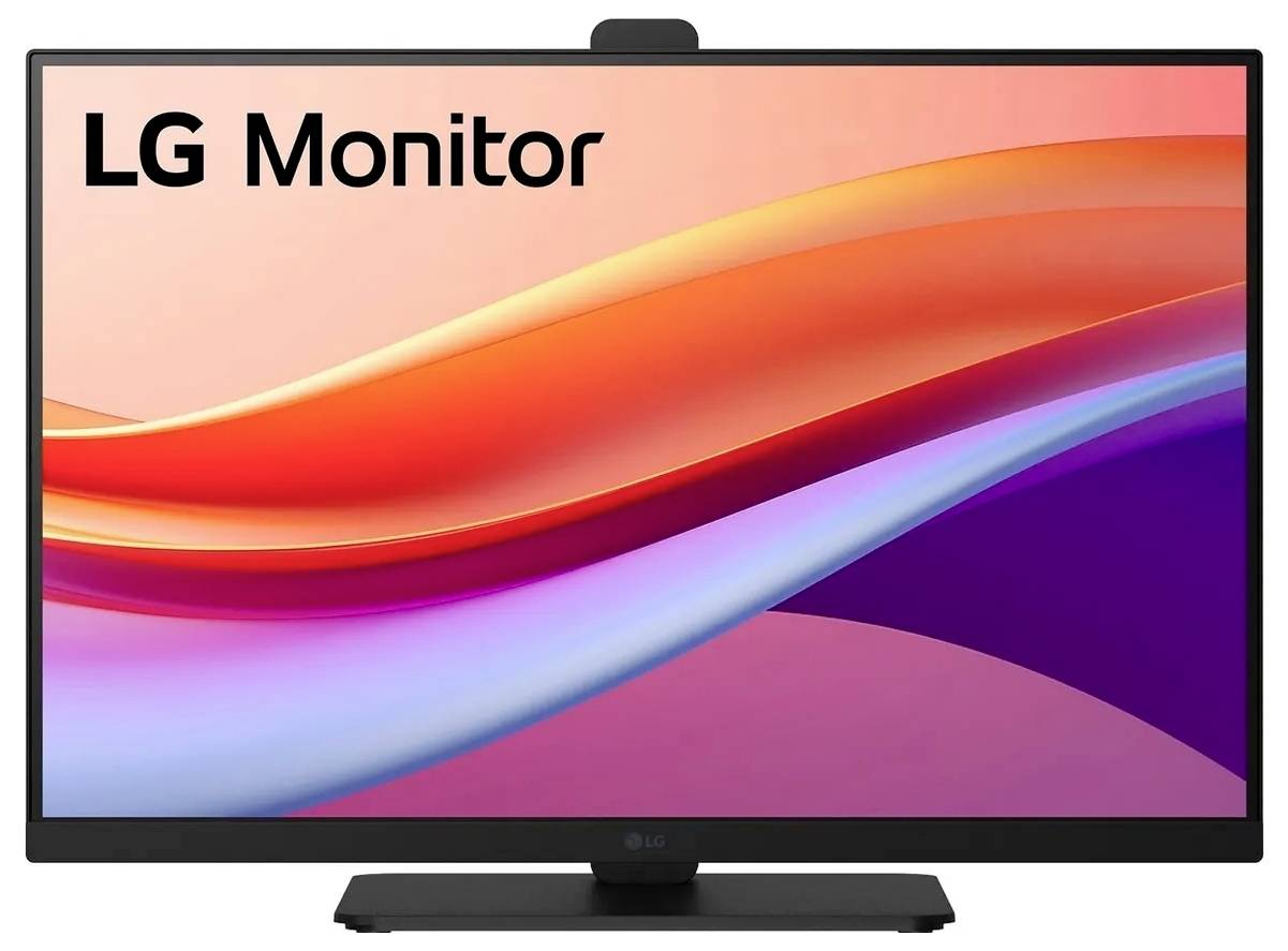 LG-Monitor-Bildschirm mit einem mehrfarbigen abstrakten Wellenmuster.