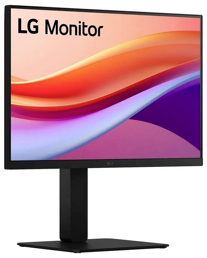 LG-Monitor mit elegantem schwarzem Ständer, der ein farbenfrohes abstraktes Wellendesign auf dem Bildschirm aufweist.