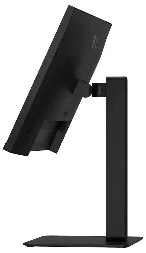 Eine Seitenansicht eines schwarzen Computermonitors auf einem Ständer, leicht nach hinten geneigt, die das elegante Design und die Verstellmöglichkeit zeigt.