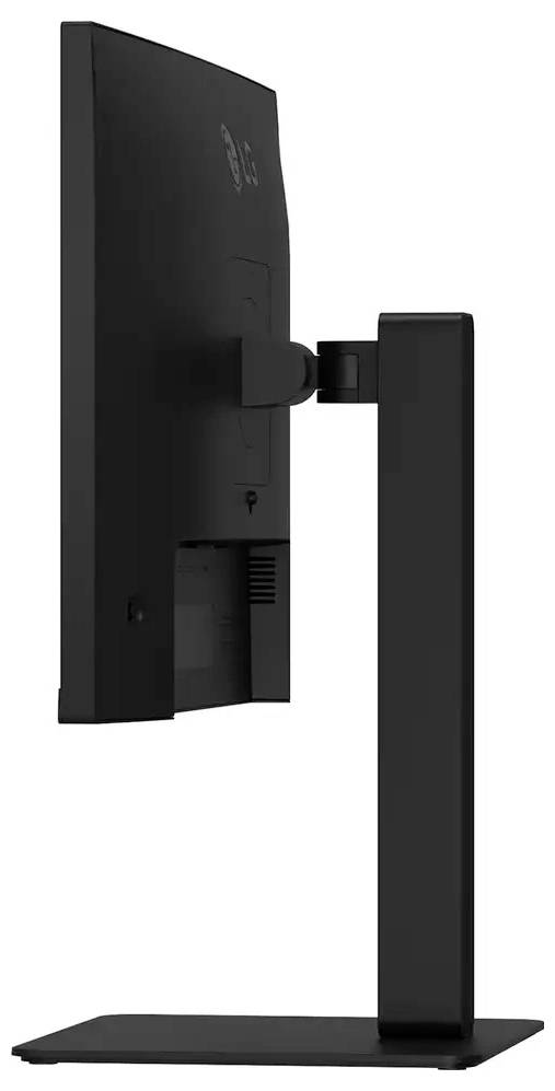 Seitenansicht eines schwarzen Computermonitors auf einem rechteckigen Ständer, der eine verstellbare Neigung und ein schlankes, modernes Design zeigt.