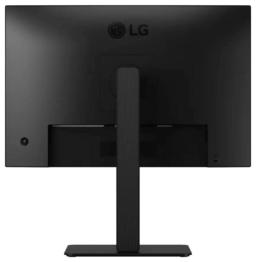 Das Bild zeigt die Rückansicht eines LG-Computermonitors mit einem rechteckigen Ständer und einem schlanken, minimalistischen Design.