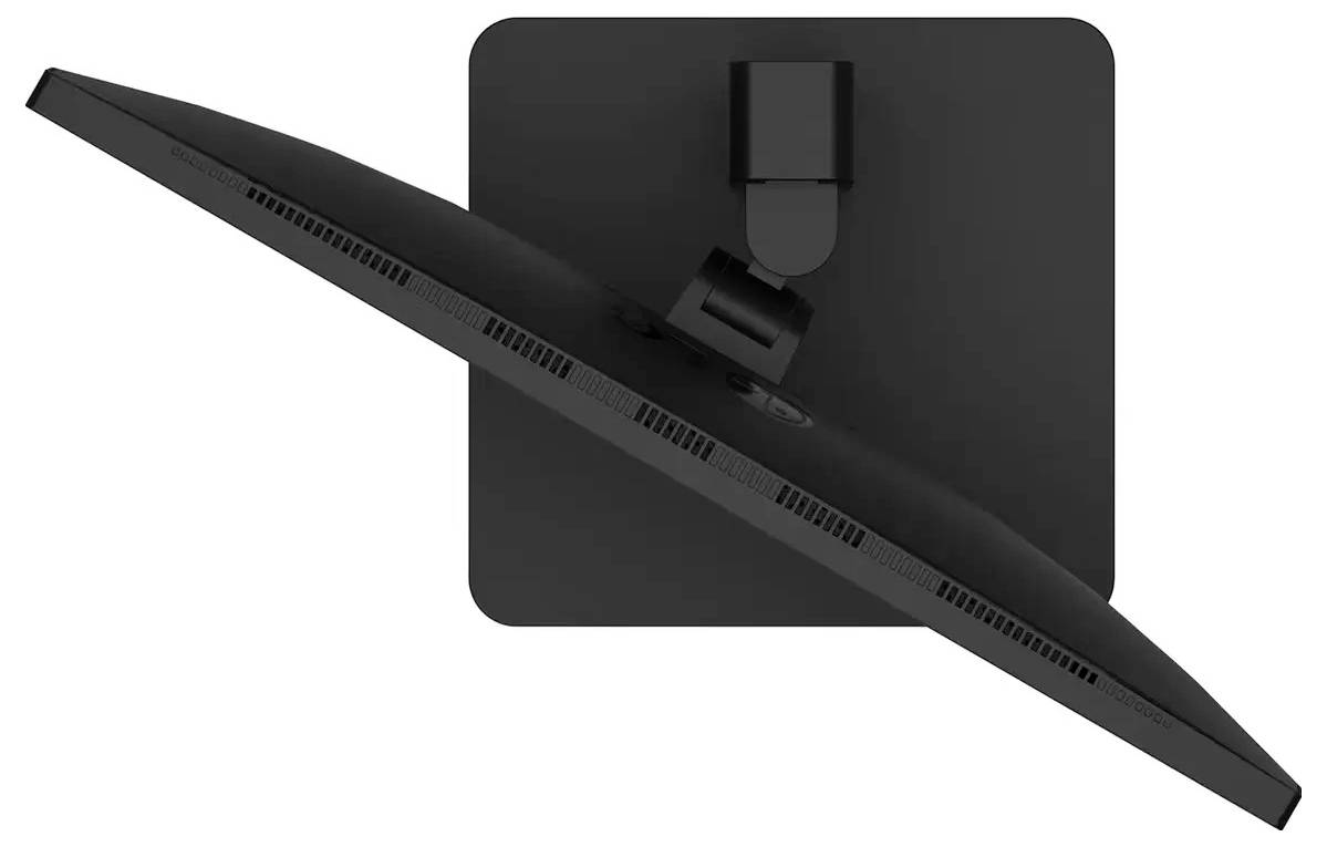 Luftaufnahme eines schwarzen Computermonitors, der auf einem quadratischen Ständer in einem Winkel geneigt ist, wobei die Rück- und Seitenbelüftungsöffnungen zu sehen sind.