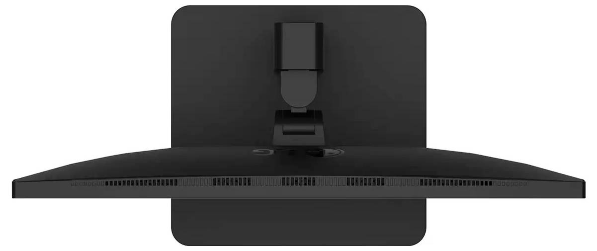 Ein schwarzer Monitor von hinten betrachtet, mit einer geschwungenen Designform und Lüftungslöchern entlang der oberen Kante, befestigt an einem rechteckigen Ständer.