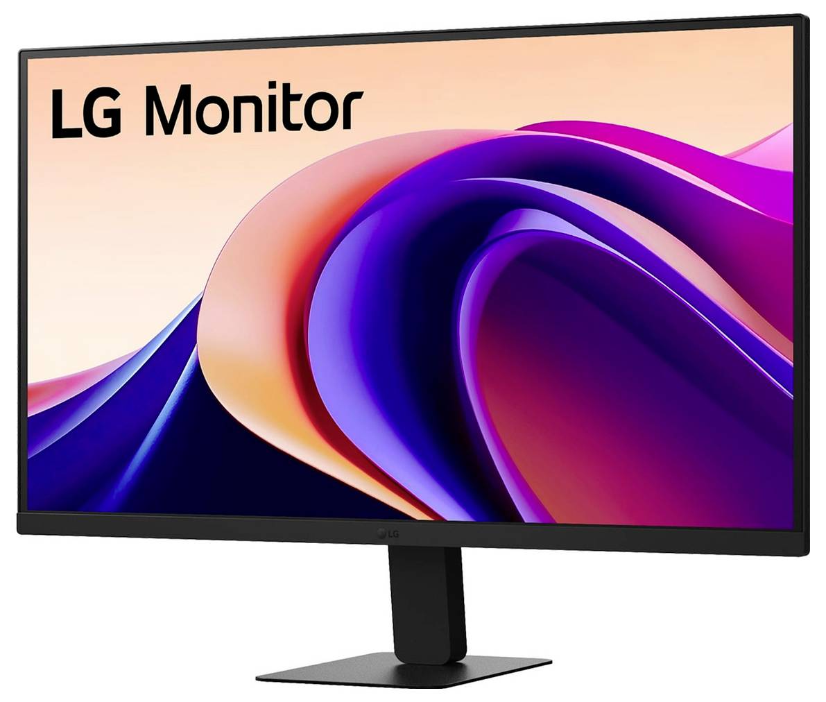 LG-Monitor, der abstrakte farbenfrohe Wellen in Rosa, Violett und Blau zeigt.