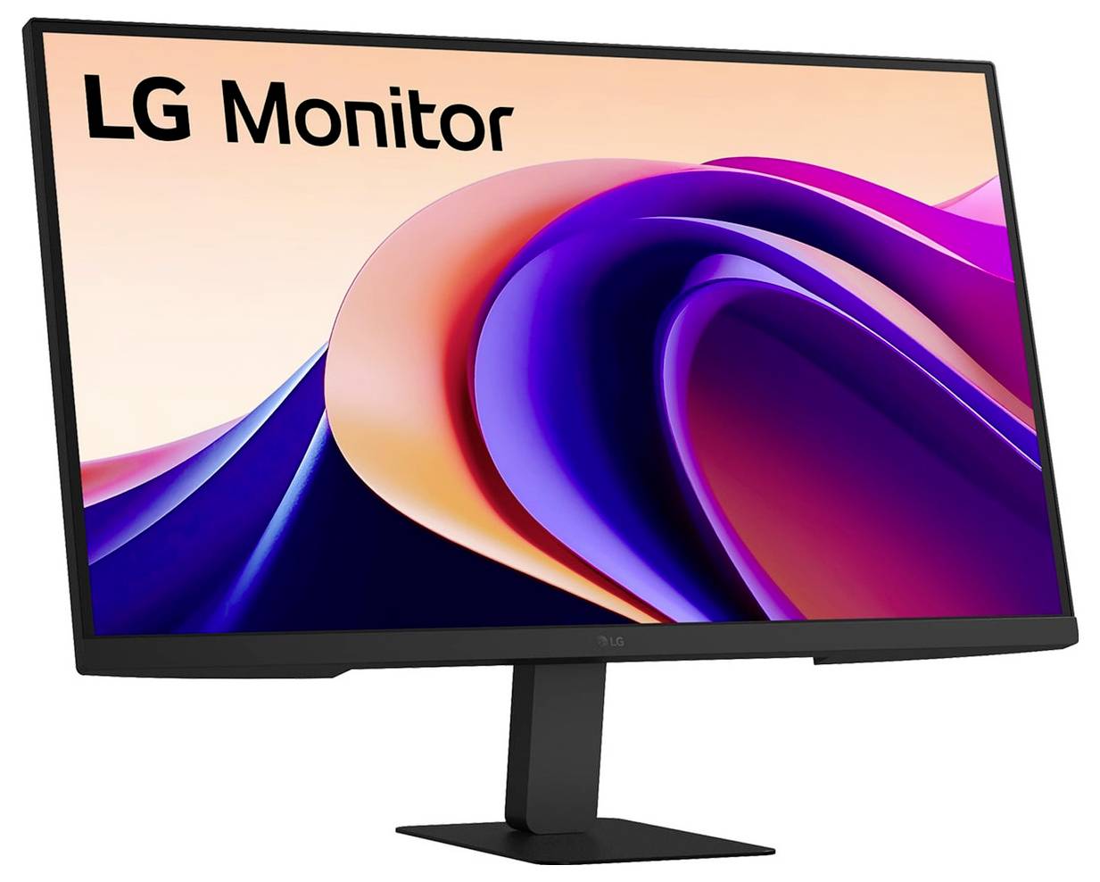 LG-Monitor mit elegantem Design, zeigt einen bunten abstrakten Hintergrund auf dem Bildschirm.