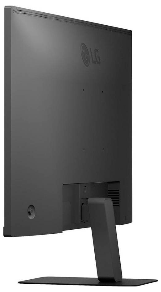 Rückansicht eines schwarzen Monitors mit einem minimalistischen Ständer, auf dem das LG-Logo zu sehen ist.