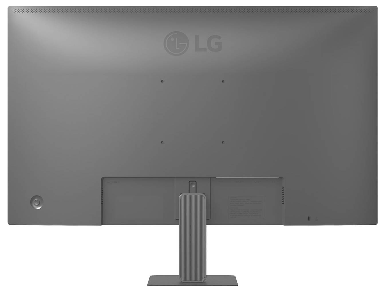 Das Bild zeigt die Rückansicht eines LG-Monitors mit grauer Oberfläche, ausgestattet mit einem rechteckigen Ständer und Wandmontage-Löchern.