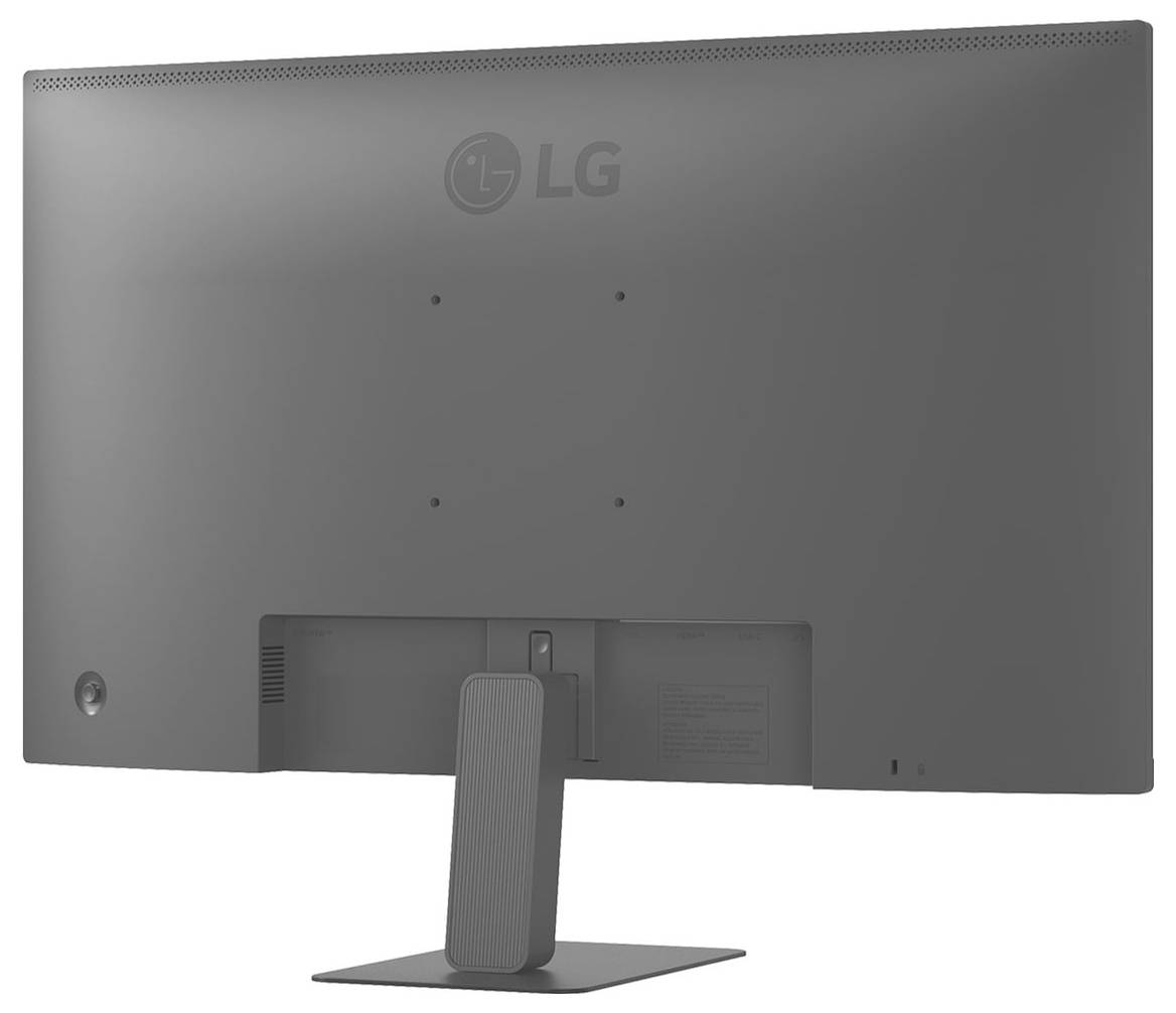 Rückansicht eines LG-Monitors auf einem Ständer, mit einem schlichten Design ohne sichtbare Bedienelemente oder Anschlüsse.