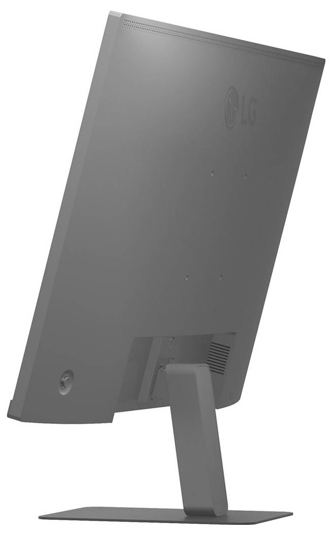 Eine Seitenansicht eines Flachbildschirm-Computermonitors auf einem Ständer, der das Rückpanel mit einem dezenten Markenlogo und einem Einschaltknopf zeigt.