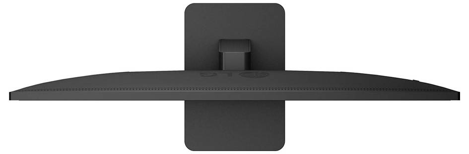 Draufsicht eines Flachbildschirms mit gebogener Bauform, die das Rückpanel und den Standfuß zeigt und einen eleganten und minimalistischen Look präsentiert.