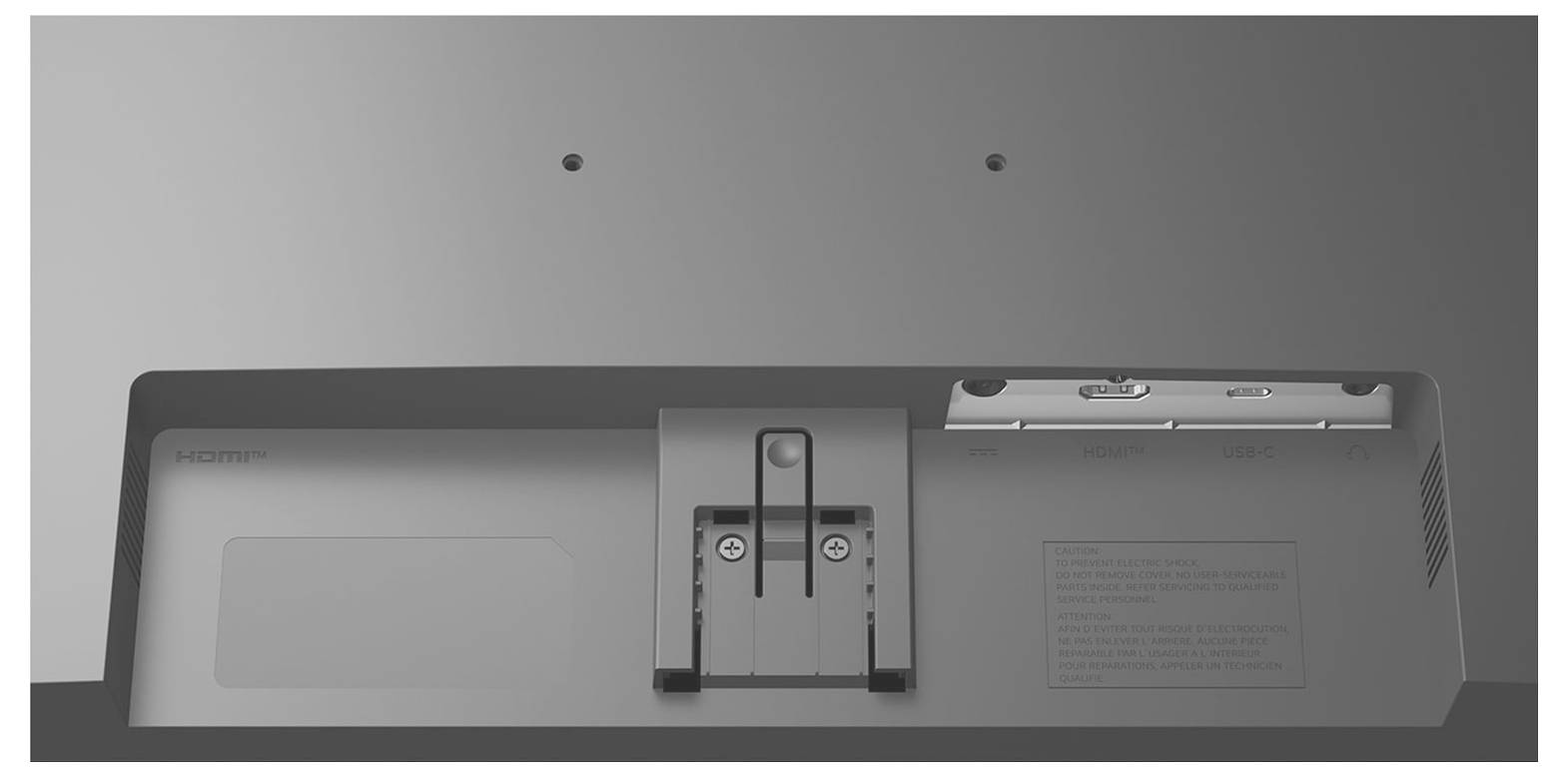 Rückansicht eines Monitors mit HDMI-Anschluss, Standfußbefestigung und Stromanschluss.