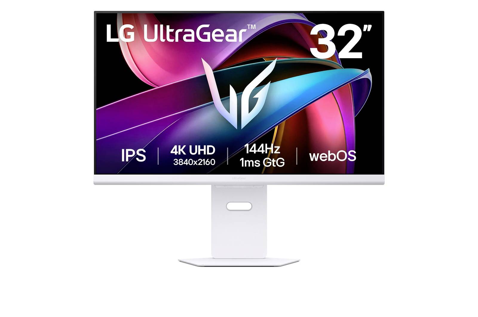 LG UltraGear 32-Zoll-Monitor mit 4K-UHD-Auflösung, 144 Hz, IPS-Panel, 1 ms Reaktionszeit und webOS, auf einem Schreibtischständer präsentiert.