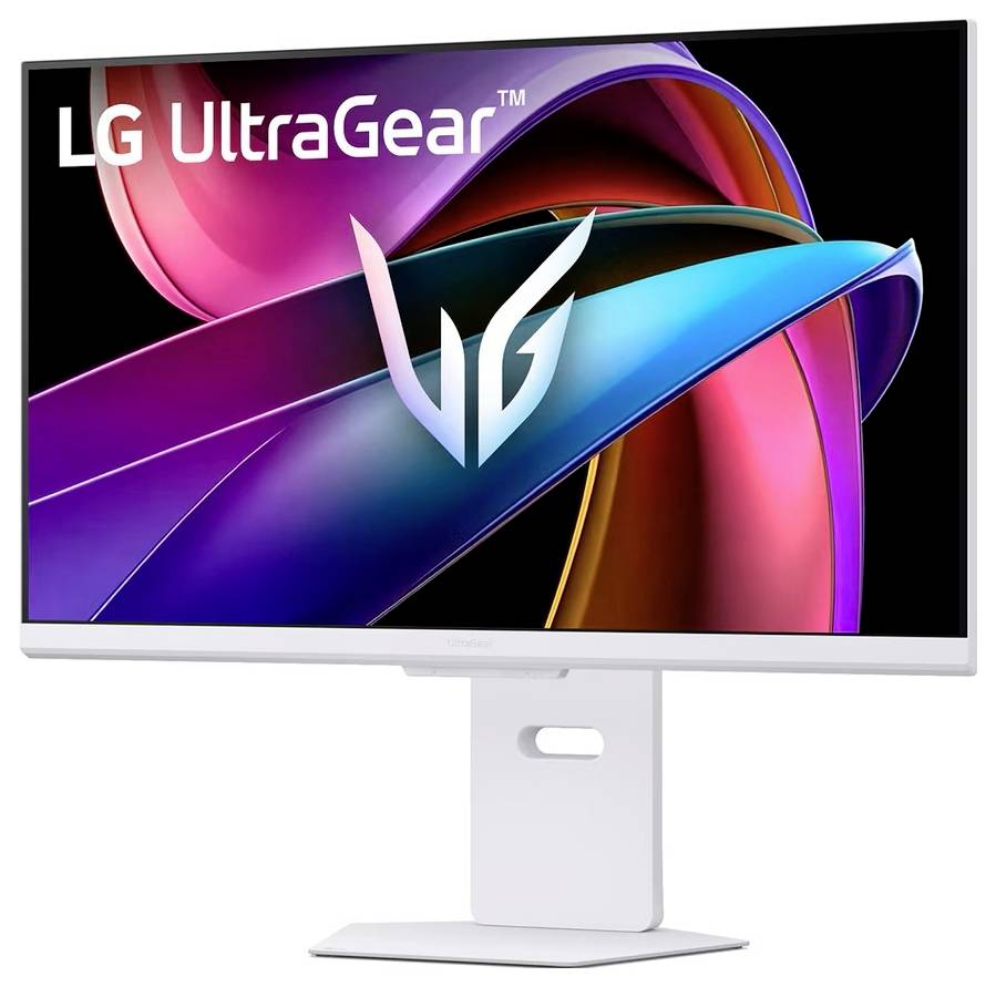 Ein 'LG UltraGear' Gaming-Monitor mit lebendigem abstrakten Design auf dem Bildschirm, der hochwertige visuelle Darstellung und fortschrittliche Spielfunktionen betont.
