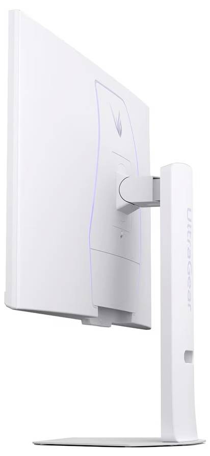 Ein weißer Computermonitor, von der Seite betrachtet, mit sichtbarem Markenlogo und verstellbarem Ständer, der ein elegantes Design und Flexibilität andeutet.