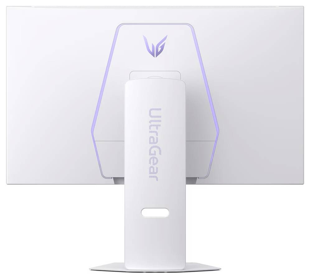 Ein weißer Gaming-Monitor, von hinten gesehen, mit dem UltraGear-Logo und einem schlichten, minimalistischen Design mit einem stabilen Ständer.