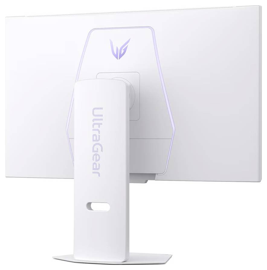 Ein schlanker weißer Computermonitor von hinten, mit dem Logo der Marke und dem Schriftzug 'UltraGear' auf dem Ständer.