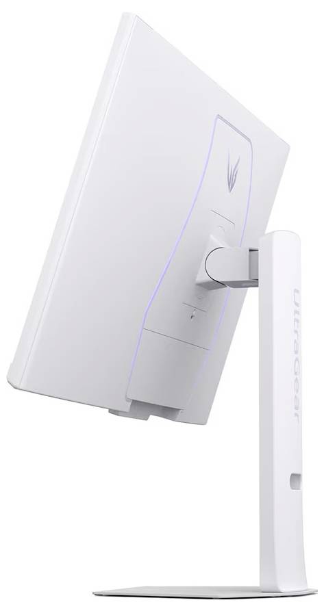 Ein schlanker, weißer Computermonitor, von der Seite gesehen, der sein schmales Profil und den verstellbaren Ständer betont, geeignet für moderne Arbeitsumgebungen.