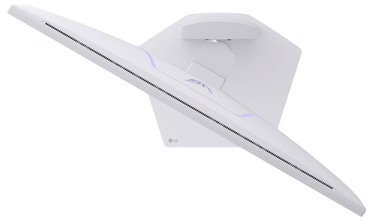 Ein schlanker, weißer LG-Monitor, von oben betrachtet, der sein geschwungenes Design und einen mittig platzierten Ständer präsentiert.