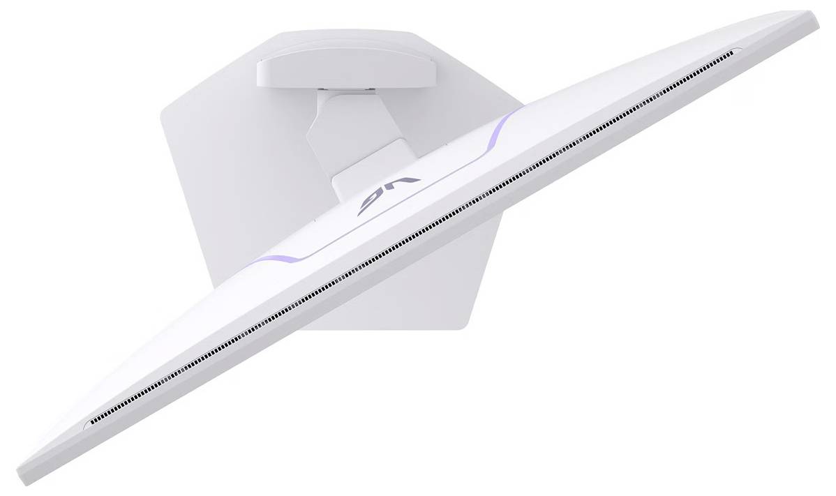 Gebogener weißer Computerbildschirm aus der Draufsicht, der ein schlankes Design und eine Wandhalterung präsentiert, ideal für moderne Arbeitsumgebungen.