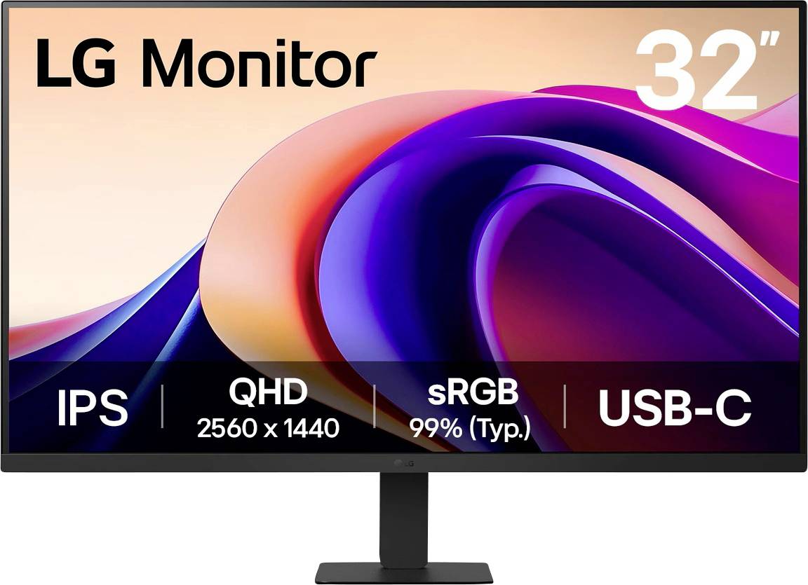Ein 32-Zoll-LG-Monitor, der Text zeigt: 