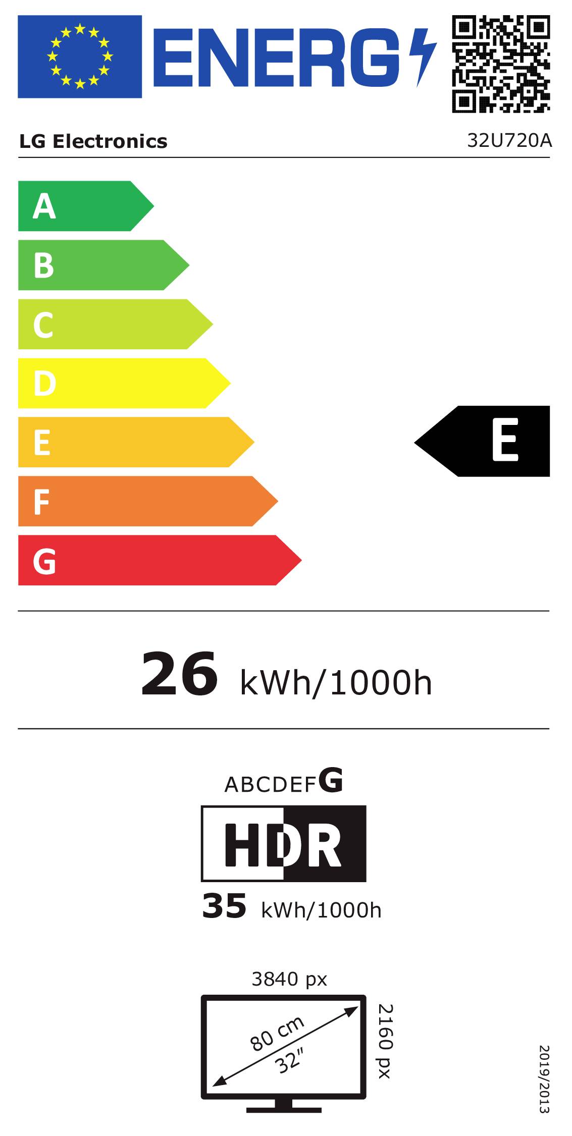Energielabel für LG Electronics TV, Modell 32U720A, Energieeffizienzklasse E. Verbrauch 26 kWh/1000h. HDR-Modus verbraucht 35 kWh/1000h. Abmessungen: 80 cm x 45 cm.