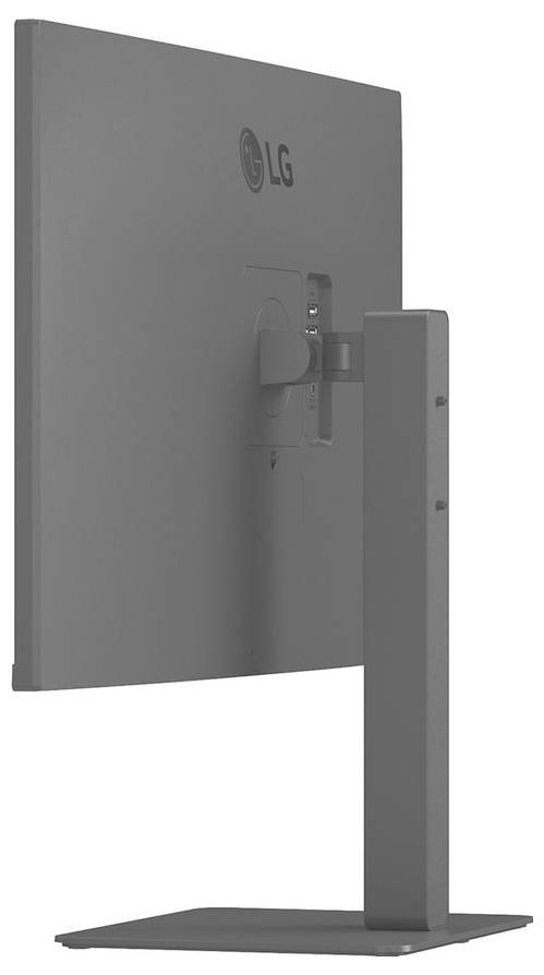 Eine Seitenansicht eines LG-Computermonitors auf einem rechteckigen Ständer, der das Rückpanel und das Logo zeigt. Das Design ist schlank und modern.