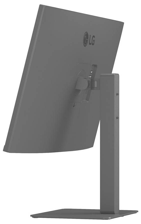 Eine Seitenansicht eines LG-Computermonitors auf einem Ständer, die seine Neigungsfähigkeit und sein schlankes Profil zeigt.