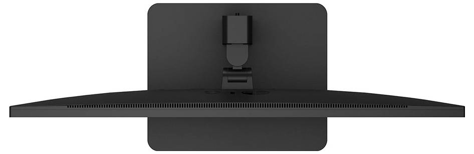 Draufsicht eines schwarzen Flachbildschirm-Computermonitors mit gebogener Gestaltung, montiert auf einem Ständer.