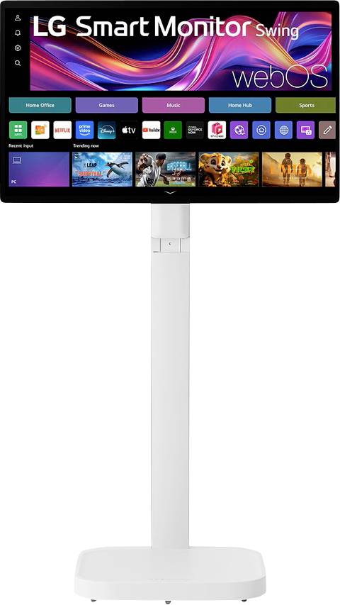 Smart-Monitor von LG mit webOS-Oberfläche, der verschiedene Apps zeigt und auf einem weißen verstellbaren Ständer montiert ist, wodurch seine Vielseitigkeit demonstriert wird.