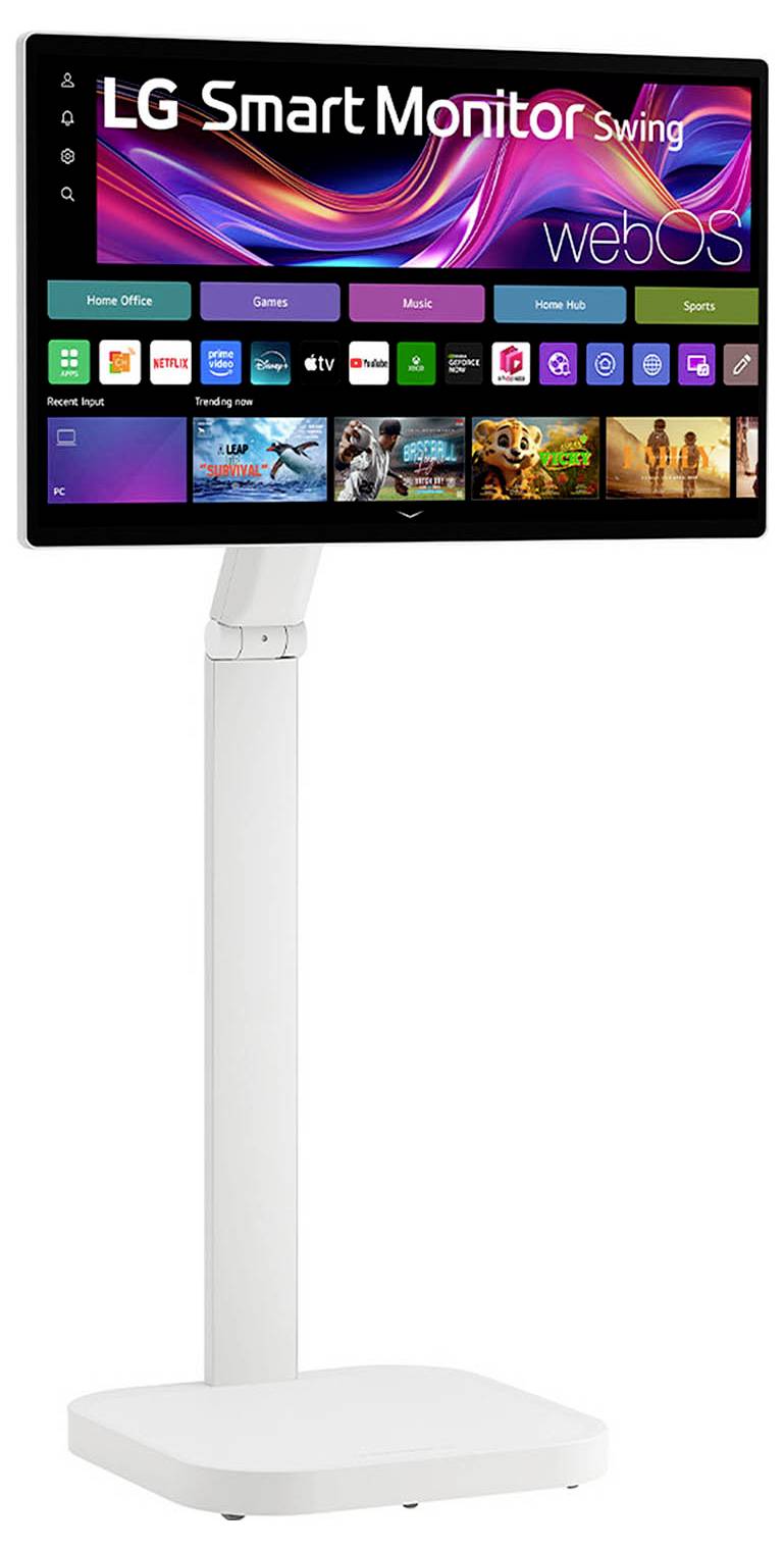 Ein stehender LG Smart Monitor mit webOS-Benutzeroberfläche, auf dem verschiedene App-Symbole wie Netflix, YouTube und Apple TV angezeigt werden.
