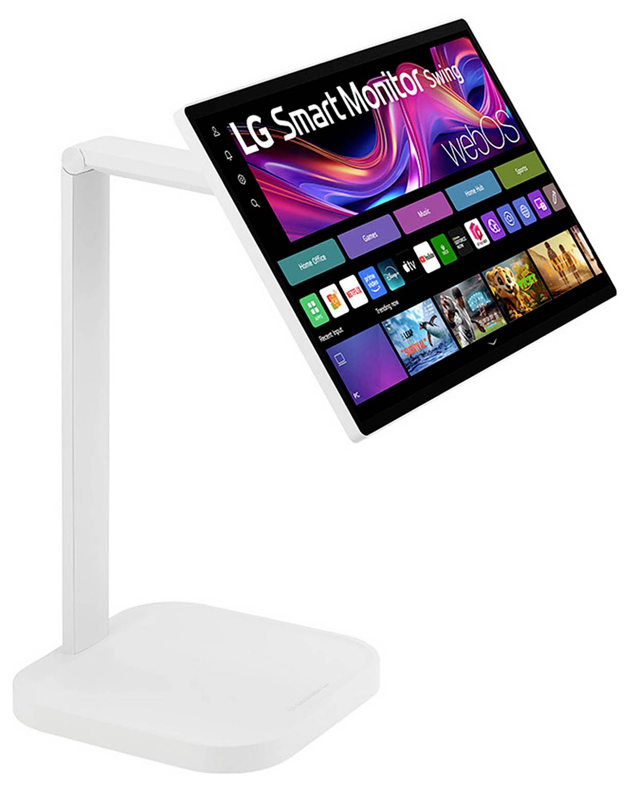 Ein schlanker, weißer LG Smart Monitor auf einem Ständer, der einen bunten webOS-Startbildschirm mit verschiedenen App-Symbolen und einem lebhaften Hintergrund zeigt.