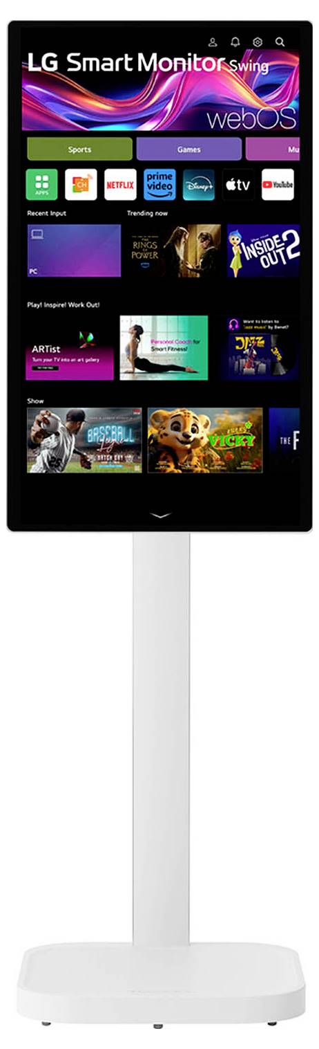 Ein digitaler Bildschirm zeigt eine Benutzeroberfläche mit mehreren Streaming-Service-Symbolen und Film-Miniaturansichten, montiert auf einem hohen weißen Ständer.