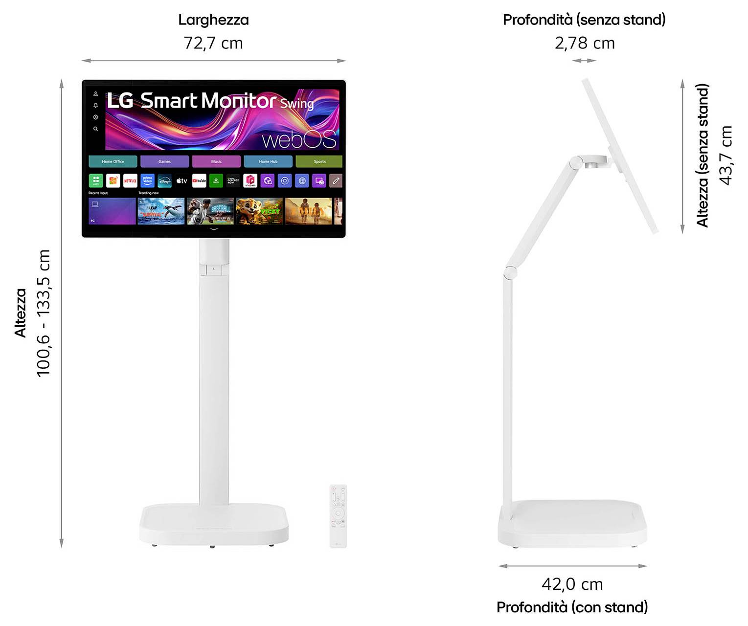 LG Smart Monitor mit weißem höhenverstellbaren Ständer, der die webOS-Benutzeroberfläche auf dem Bildschirm präsentiert. Abmessungen: 72,7 cm Breite, 42 cm Tiefe, Höhe verstellbar von 100,6 bis 133,5 cm.