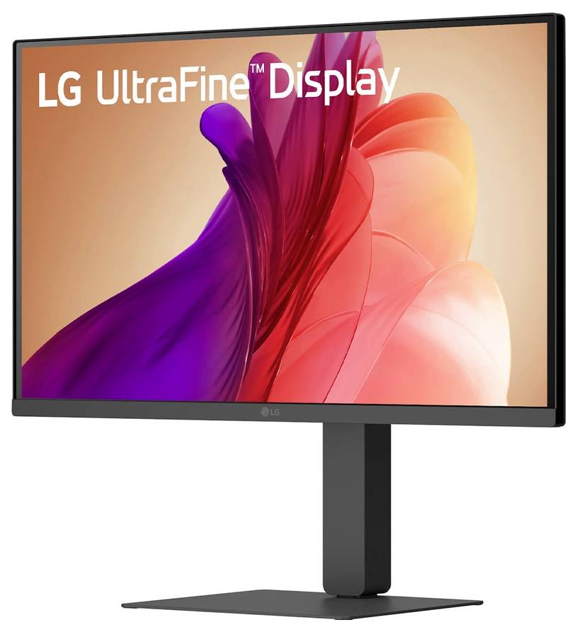 LG UltraFine Display, auf dem abstrakte rote und violette Fluidformen auf dem Bildschirm zu sehen sind und die lebendigen Farbwiedergabefähigkeiten des Monitors hervorheben.