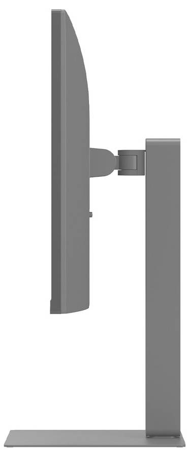 Eine Seitenansicht eines Flachbildschirm-Computermonitors auf einem Ständer, die sein schlankes Profil und den verstellbaren Gelenkmechanismus betont.