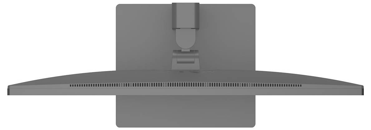 Draufsicht eines dünnen, geschwungenen, grauen Monitors auf einem Ständer, der ein schlankes Design und moderne Ästhetik präsentiert.